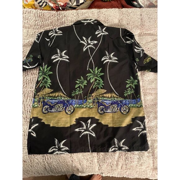 Hawaiian Style Mens L Shirt Palm Tree & Motorcycle Pacific & Co Black - Picture 11 of 16